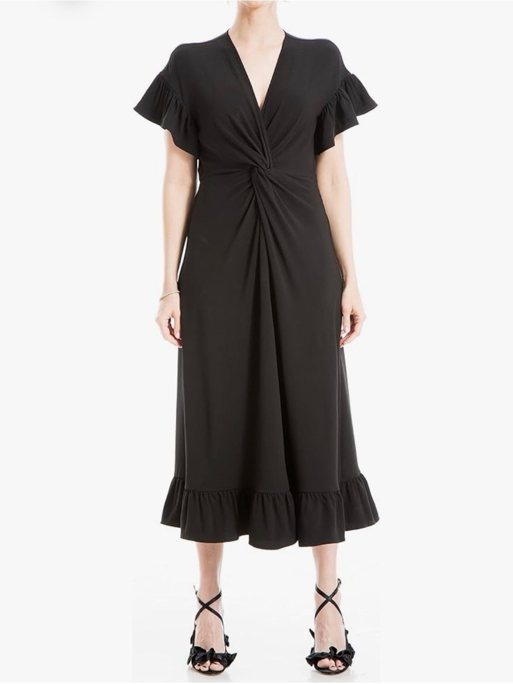 Max Studio Black Twist-Front Midi Dress with Ruffle Hem and Sleeves